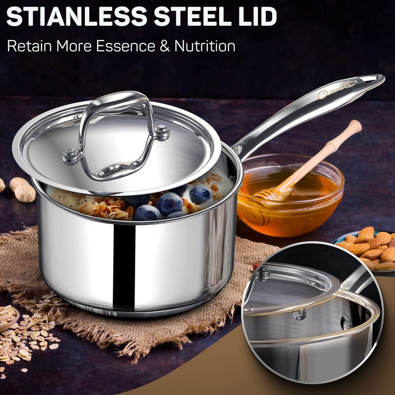Ciwete 2 Quart Sauce Pan With Lid Tri Ply Stainless Steel Saucepan 2 Qt With Stainless Steel Lid 2 Measuring Lines Upgraded Packaging Cool Ergonomic Handle Dishwasher & Oven Safe - Image 5
