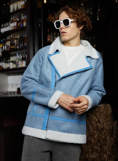 Campus Sutra Men's Icy Blue & Chalk White Fleece Lined Biker Jacket For Casual Wear | Spread Collar | Long Sleeve | Zipper Closure | Jacket Crafted With Comfort Fit For Everyday Wear | Icy Blue & Chalk White
