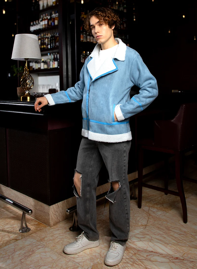 كامبوس سوترا Men's Icy Blue & Chalk White Fleece-Lined Biker Jacket