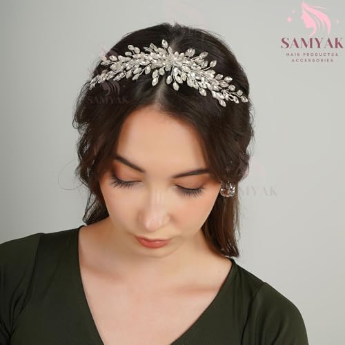Samyak Handmade Studded Hair Tiara | Vine | Hair Chain | Headband | Hair Clip for Bridal Bridesmaid Wedding Anniversary (Pack of 1) (Silver) - Image 3