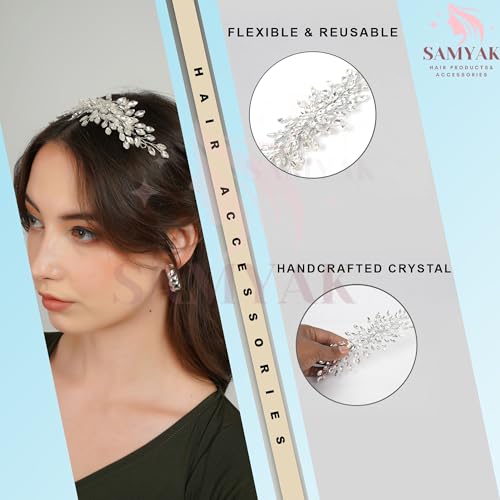 Samyak Handmade Studded Hair Tiara | Vine | Hair Chain | Headband | Hair Clip for Bridal Bridesmaid Wedding Anniversary (Pack of 1) (Silver) - Image 2