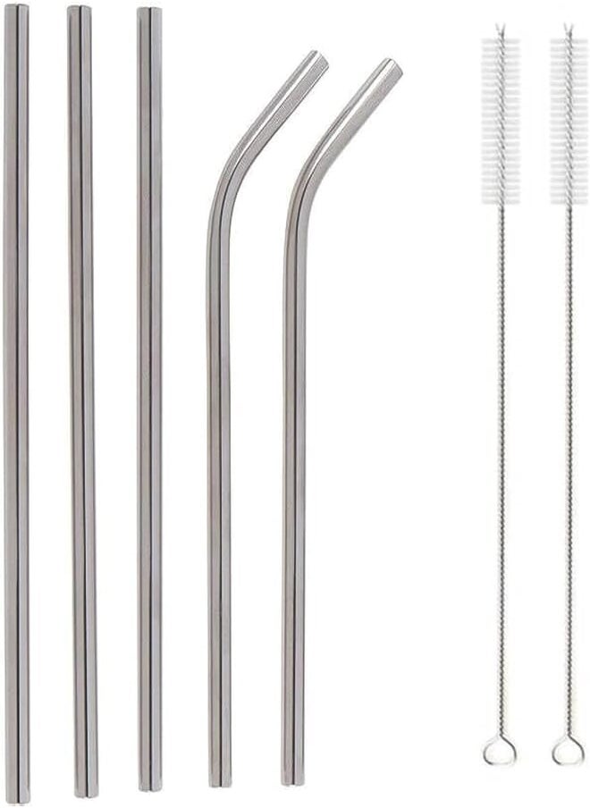 Generic Large Stainless Steel Drinking Straws with Brushes (2 Curved + 3 Straight + 2 Brushes) 