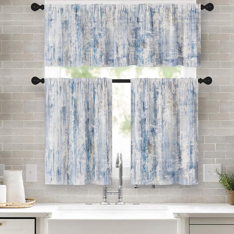 Tayney Blue Kitchen Window Curtains Valance and Tier Set 36 Inch, Abstract Painting Vintage Rod Pocket Short Tier Curtain for Bathroom, Modern Small Cafe Drapes for Kitchen Decor - Image 1