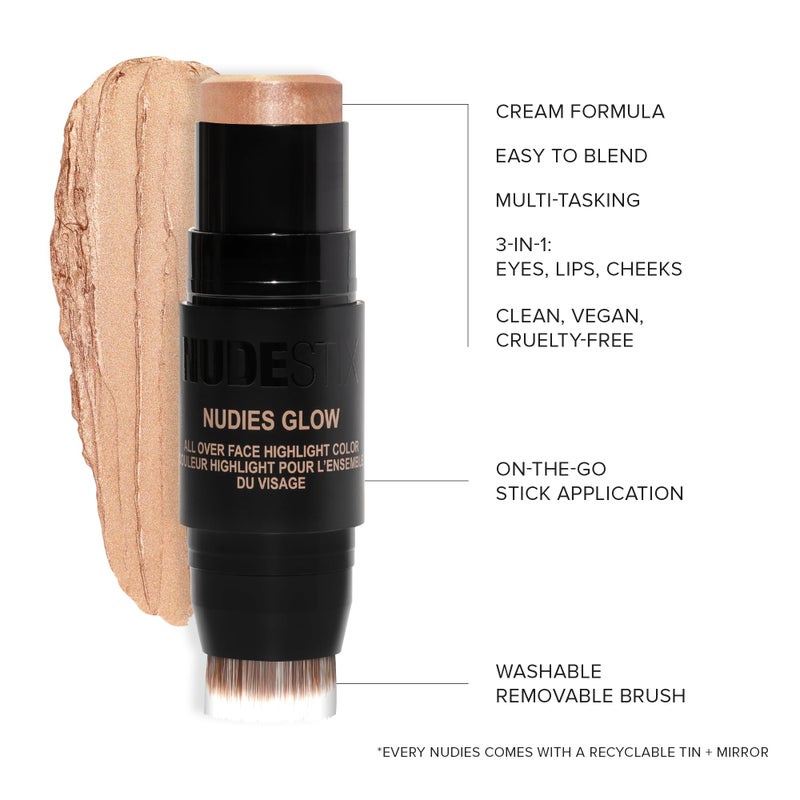 Nudestix Nudies Glow Highlighter Stick â€“ Multi-Use Cream Highlighter for Cheeks, Eyes & Body with Built-In Brush | Dewy, Radiant Finish | Clean, Vegan & Travel-Friendly Makeup (Bubbly Bebe) - Image 5