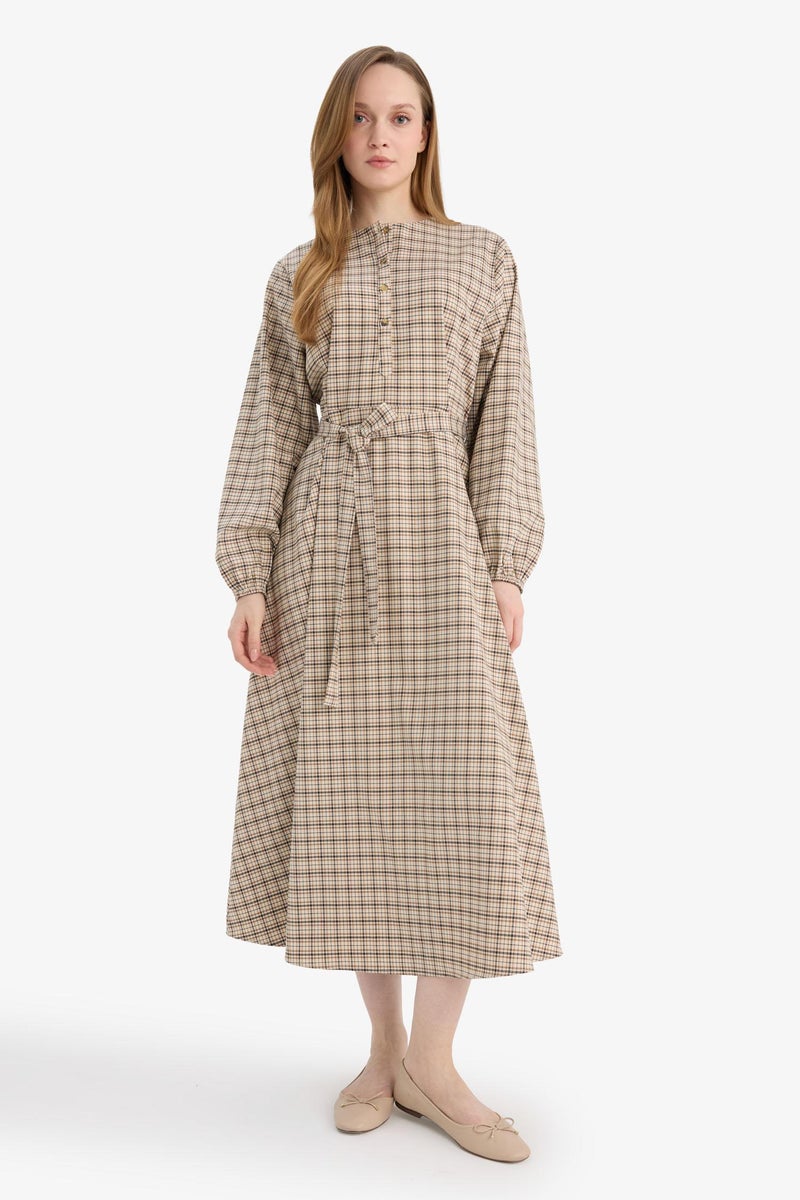 DeFacto Beige Woman Regular Fit Crew Neck Printed Dress Casual - Image 3