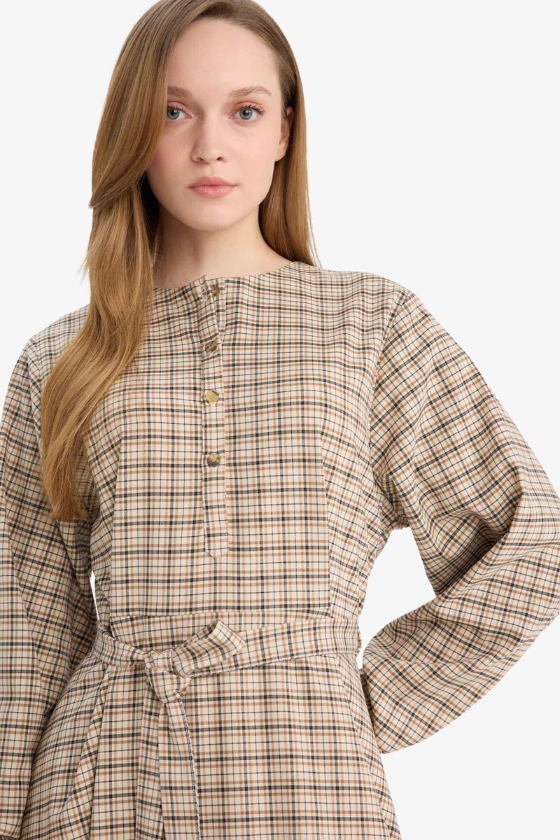 DeFacto Beige Woman Regular Fit Crew Neck Printed Dress Casual - Image 5