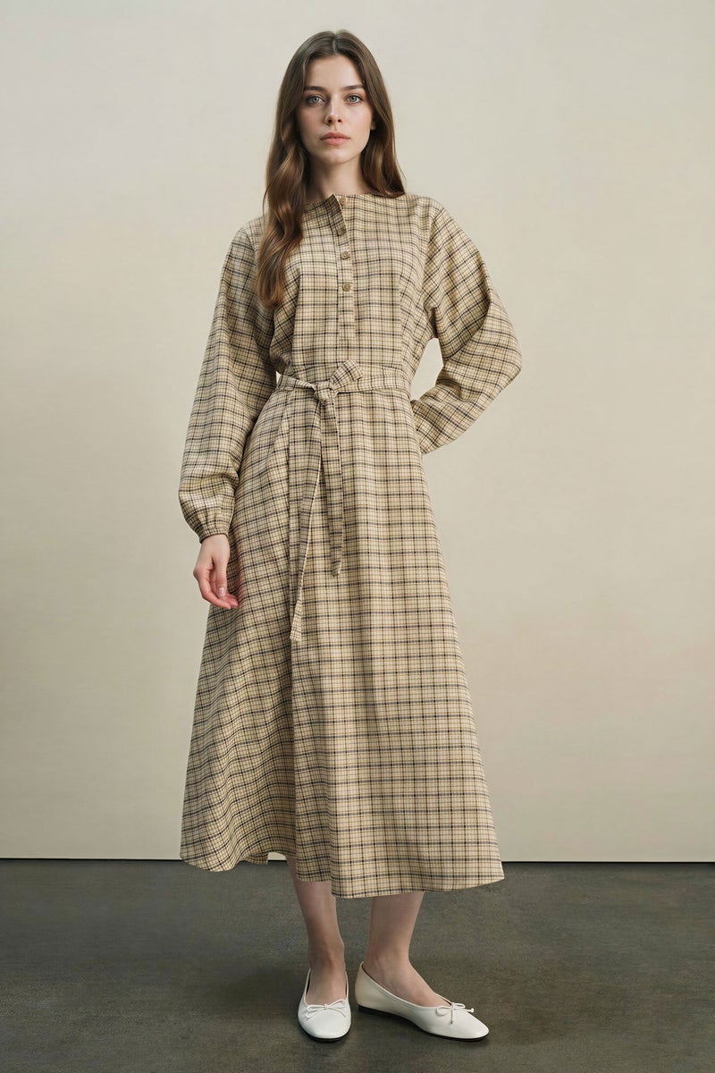 DeFacto Beige Woman Regular Fit Crew Neck Printed Dress Casual - Image 1