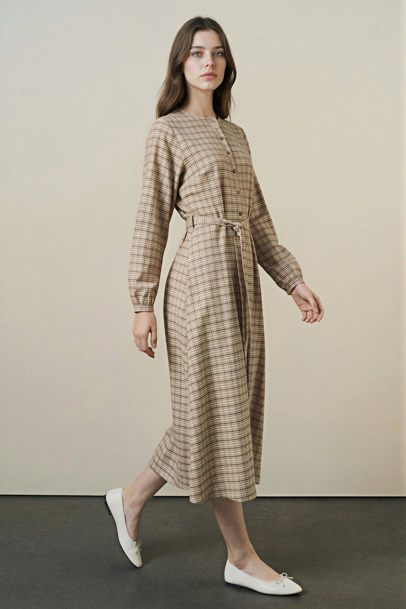 DeFacto Beige Woman Regular Fit Crew Neck Printed Dress Casual - Image 2
