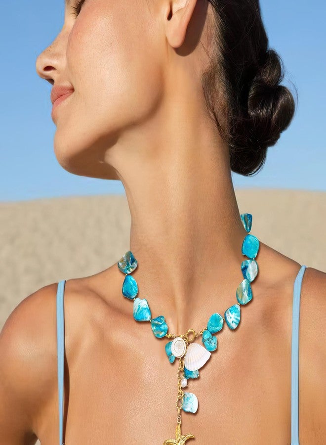 BriLove Boho Freshwater Cultured Pearl Shell Starfish Irregular Turquoise Strand Choker Pendant Necklace for Women Beach Summer Trendy Jewelry Blue Gold-Tone - Image 3