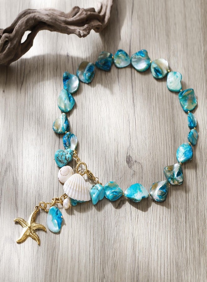 BriLove Boho Freshwater Cultured Pearl Shell Starfish Irregular Turquoise Strand Choker Pendant Necklace for Women Beach Summer Trendy Jewelry Blue Gold-Tone - Image 4
