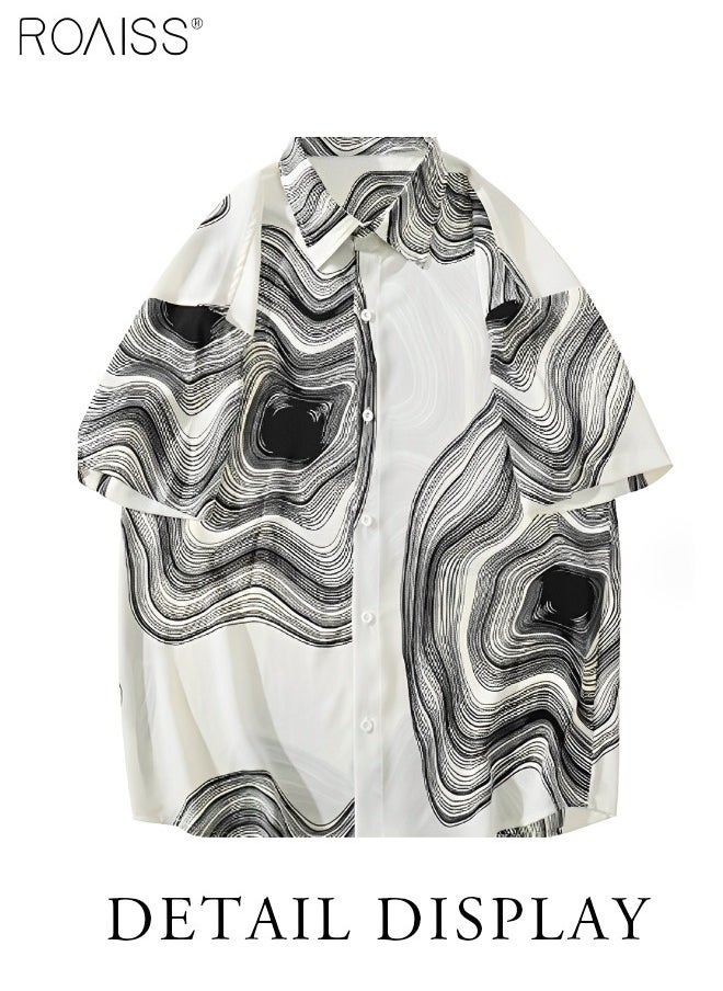 roaiss - Men's Casual Loose Fitting Printed Shirt Fashion Versatile Short Sleeve Button Open Close Top Classic Lapel Beach Vacation Cardigan - Image 1