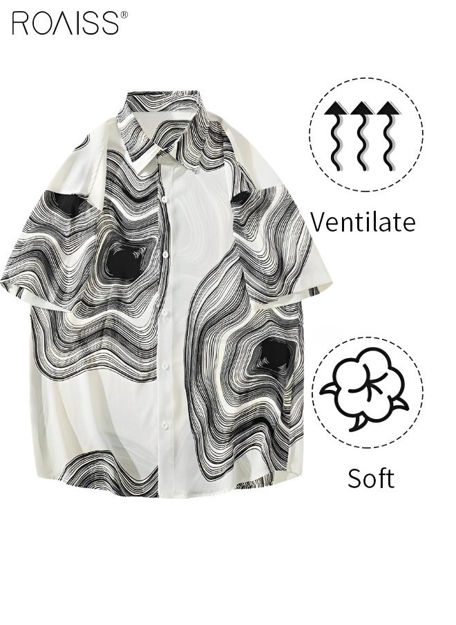 roaiss - Men's Casual Loose Fitting Printed Shirt Fashion Versatile Short Sleeve Button Open Close Top Classic Lapel Beach Vacation Cardigan - Image 1