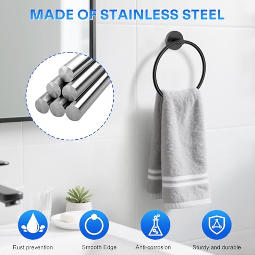 EZKEY Hand Towel Holder Screw-in Matte Black Towel Ring for Bathroom Wall Stainless Steel Round Towel Hanger for Bathroom Hardware Accessories - Image 3