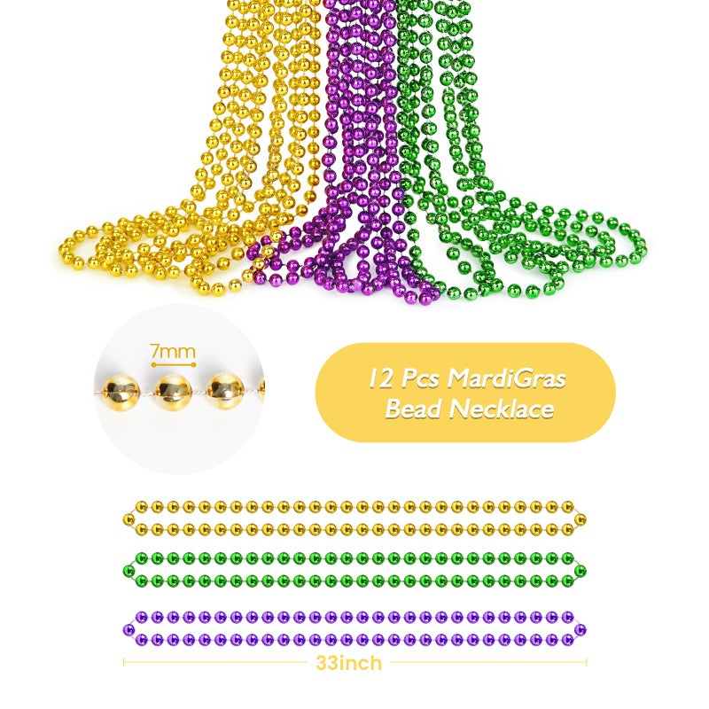ZZYFGH 12PCS Mardi Gras Beads, Gold Green Purple Mardi Gras Metallic Beads Costumes Necklaces Bulk, 33" Mardi Gras Necklace, Festival Parade Throw Accessories for Wedding Birthday Celebrations Decorations - Image 2