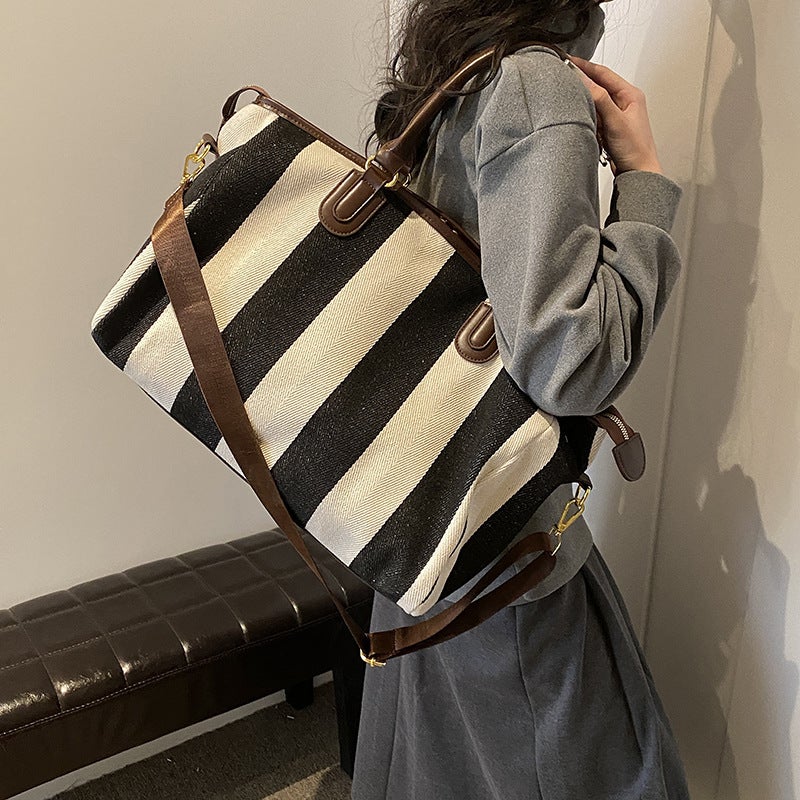 Large Capacity Retro Striped Casual Tote Bag Women'S 2025 Spring New Fashionable All-Match Shoulder Travel Bag Trendy - Image 5