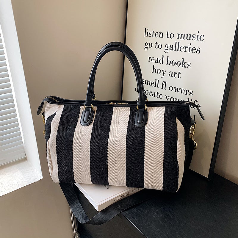Large Capacity Retro Striped Casual Tote Bag Women'S 2025 Spring New Fashionable All-Match Shoulder Travel Bag Trendy - Image 3
