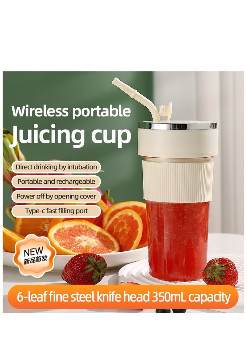 Portable Juicer Cup, Electric USB Rechargeable 350ml Blender Cup with 6 Sharp Blades, Personal Mixer Cup Juicer Bottle with Straw, for Travel Picnic Office Gym (K1 White 350ml) - Image 1
