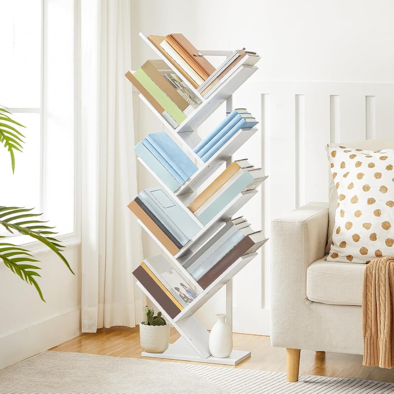 HOOBRO Tree Bookshelf, 9-Tier Bookcase Wooden Shelves, Floor Standing Storage Rack, for Display of CDs, Books in Living Room, Home Office, Wood Storage Rack for Bedroom, White EWT08SJ01G1 - Image 1