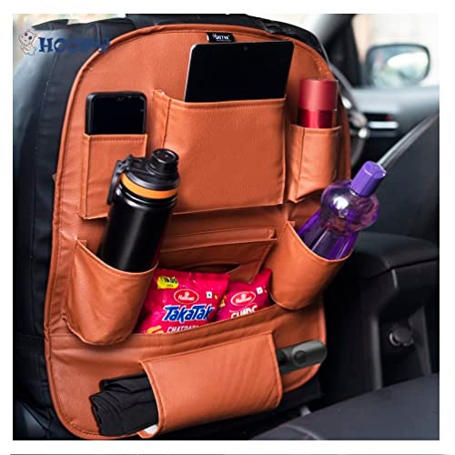 HOOPY PU Leather Auto Car Back Seat Organizer, Multipocket Storage Tablet, Bottle and Tissue Paper Holder_Tan - Image 1