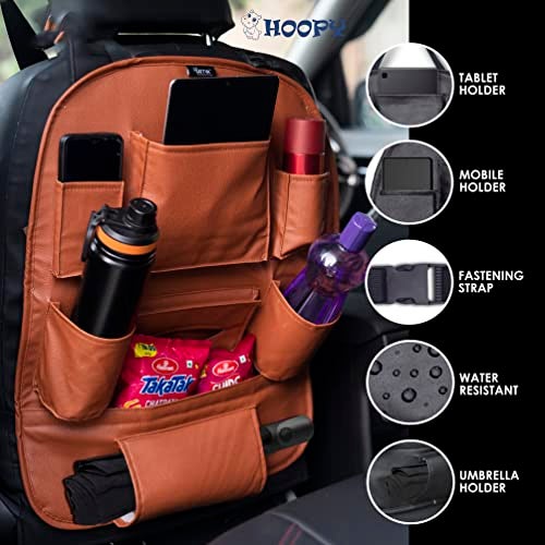 HOOPY PU Leather Auto Car Back Seat Organizer, Multipocket Storage Tablet, Bottle and Tissue Paper Holder_Tan - Image 4