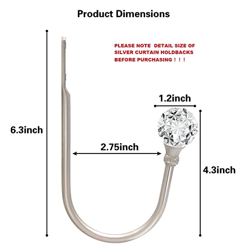 KOLAKO Curtain Drapery Holdback, Decorative Drapery Tieback Hooks with Crystal Ball, U Shaped Curtain Holders Wall Mounted Curtain Holdback, Heavy Duty Window Treatment Holdbacks for Home Decor 1 Pair Silve - Image 2