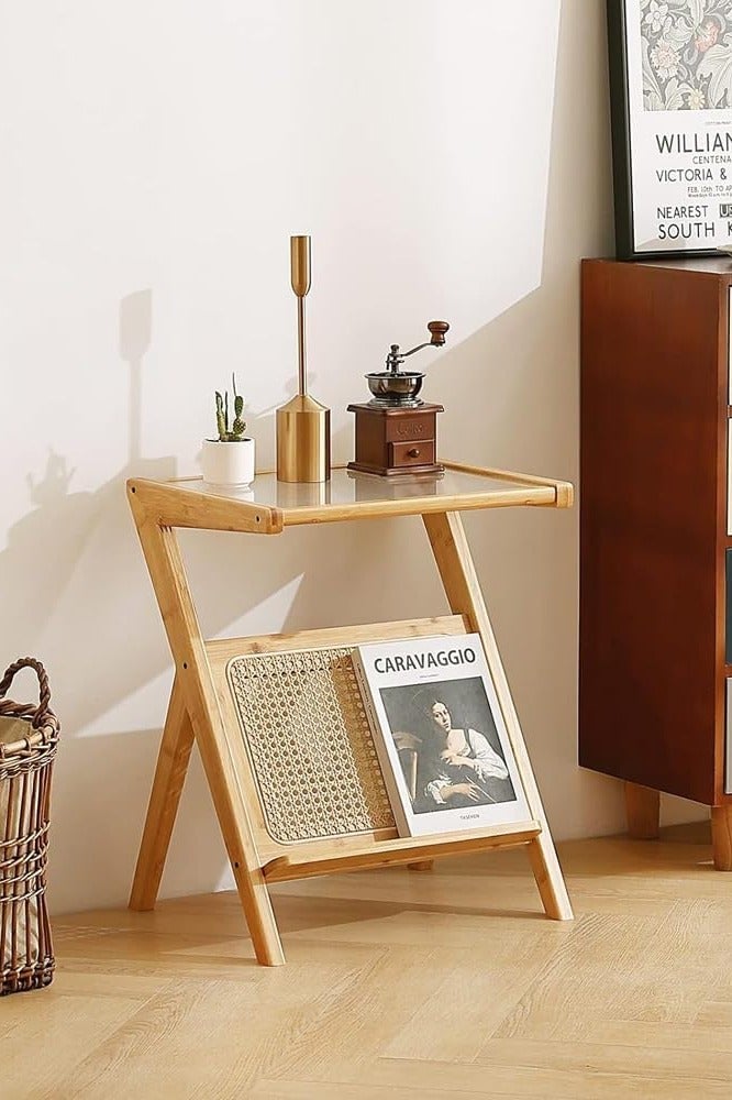 LINGWEI Wood Side Table, Bamboo Accent Rattan Bedside Tables, Glass Coffee Tables, Wooden End Table with Storage for Small Space, Living Room and Bedroom  - Image 1