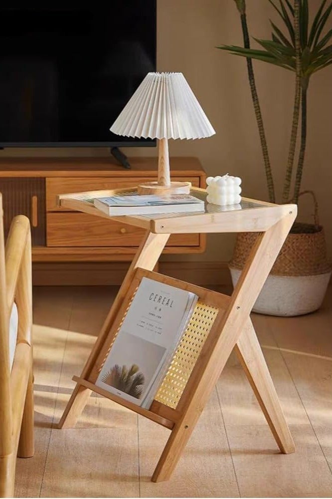 LINGWEI Wood Side Table, Bamboo Accent Rattan Bedside Tables, Glass Coffee Tables, Wooden End Table with Storage for Small Space, Living Room and Bedroom  - Image 2