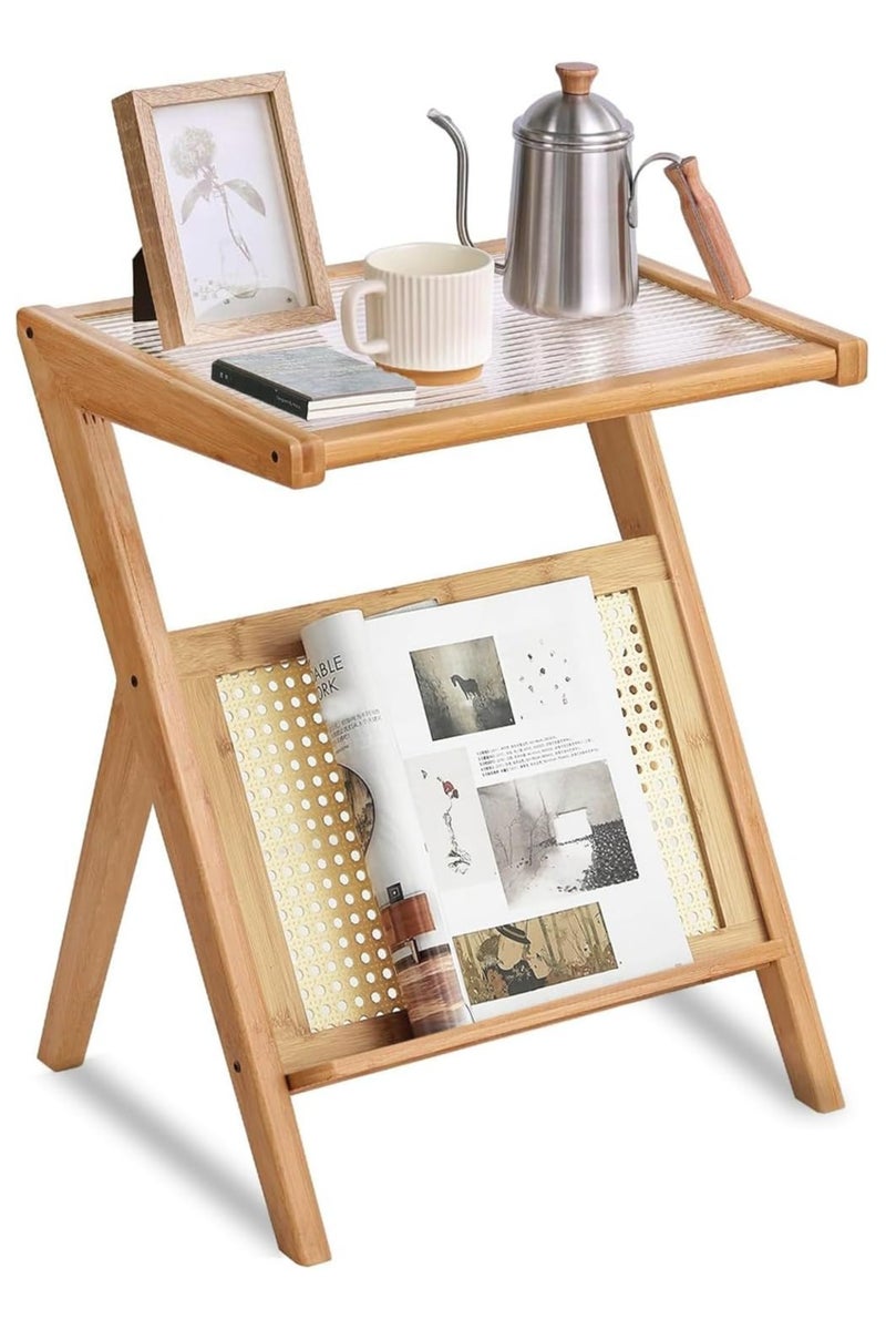 LINGWEI Wood Side Table, Bamboo Accent Rattan Bedside Tables, Glass Coffee Tables, Wooden End Table with Storage for Small Space, Living Room and Bedroom  - Image 3