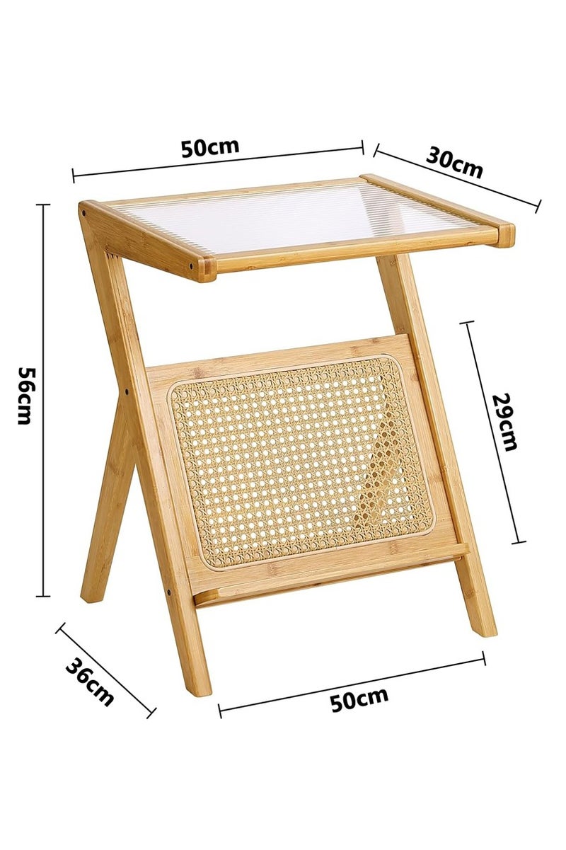 LINGWEI Wood Side Table, Bamboo Accent Rattan Bedside Tables, Glass Coffee Tables, Wooden End Table with Storage for Small Space, Living Room and Bedroom  - Image 4
