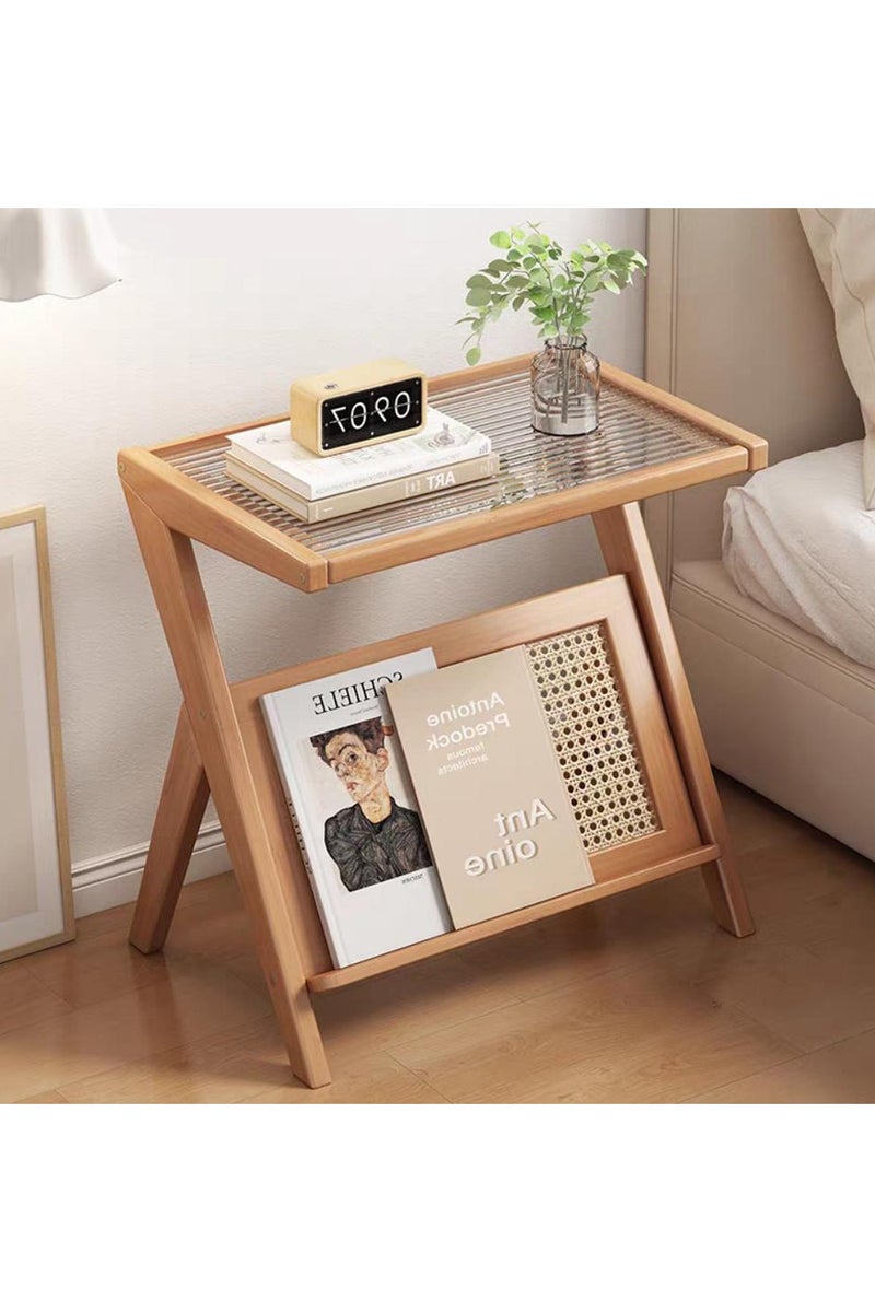 LINGWEI Wood Side Table, Bamboo Accent Rattan Bedside Tables, Glass Coffee Tables, Wooden End Table with Storage for Small Space, Living Room and Bedroom  - Image 5