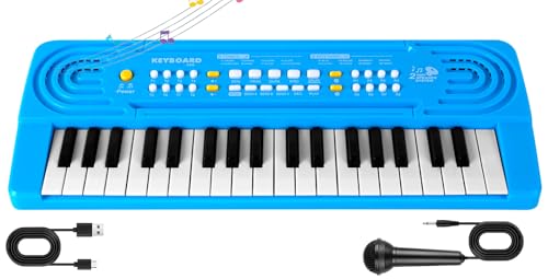 TWFRIC Kids Toddler Toy Piano Keyboard 37 Key Pianos for Kid Music Toys Instruments with Microphone Explore Creativity Perfect Birthday for 38 Year Old Blue - Image 1