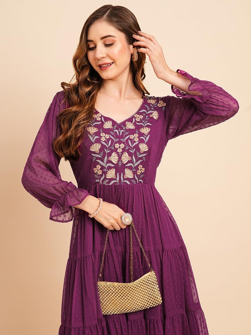 RATAN Women's Floral Embroidered Puff Sleeve Chiffon Flared Tiered Kurta Gown Maxi Dress (BTF-MAG-XL_Magenta) - Image 2