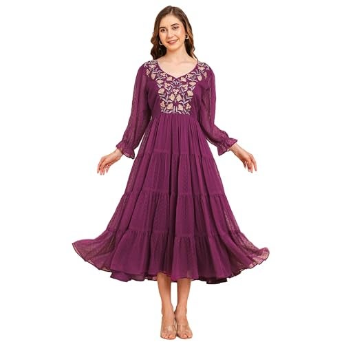 RATAN Women's Floral Embroidered Puff Sleeve Chiffon Flared Tiered Kurta Gown Maxi Dress (BTF-MAG-XL_Magenta) - Image 1