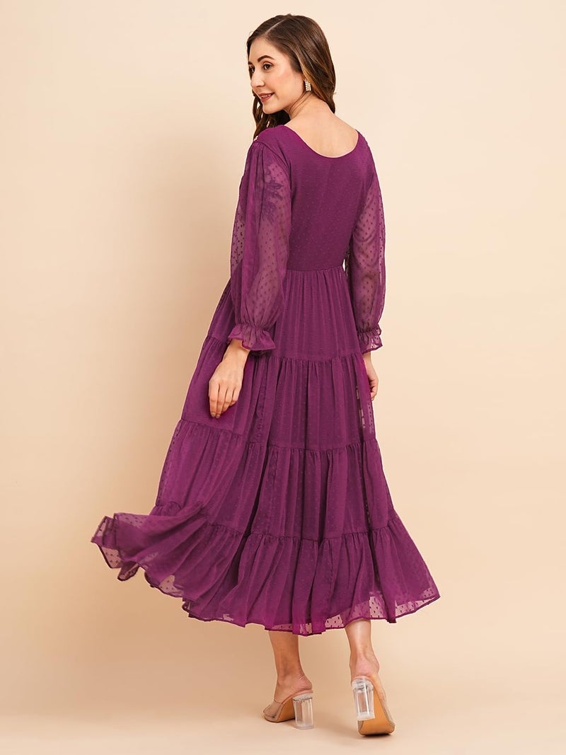 RATAN Women's Floral Embroidered Puff Sleeve Chiffon Flared Tiered Kurta Gown Maxi Dress (BTF-MAG-XL_Magenta) - Image 3