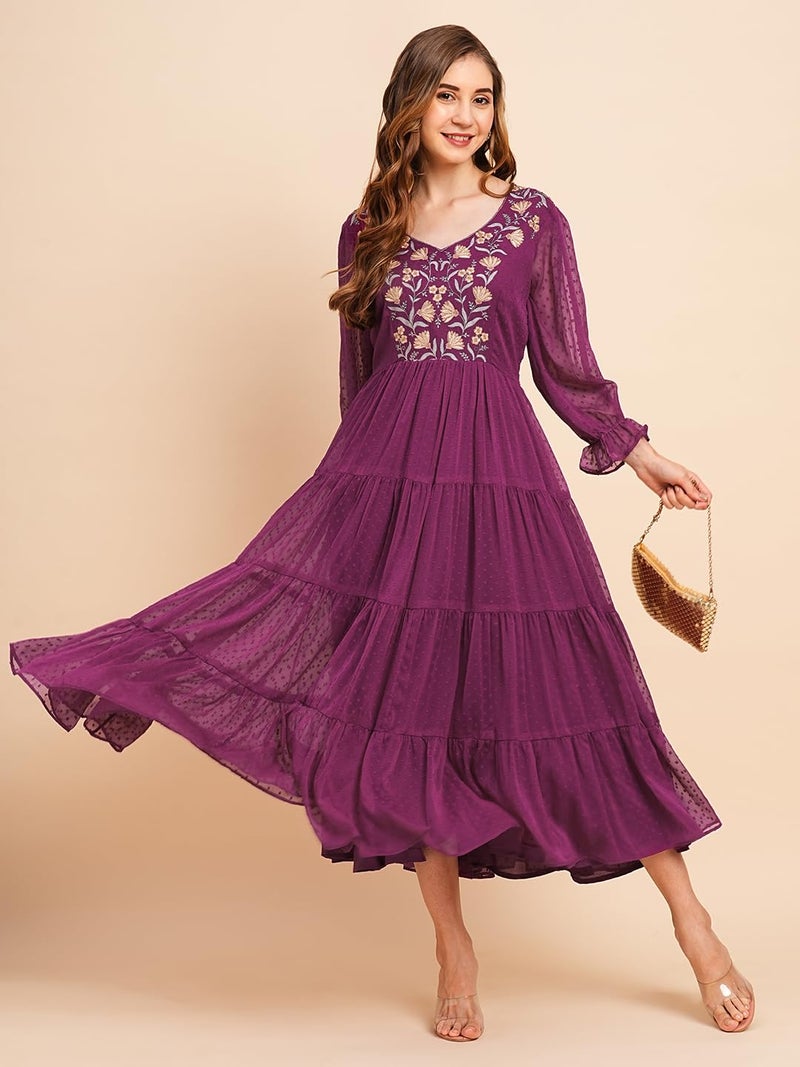 RATAN Women's Floral Embroidered Puff Sleeve Chiffon Flared Tiered Kurta Gown Maxi Dress (BTF-MAG-XL_Magenta) - Image 4