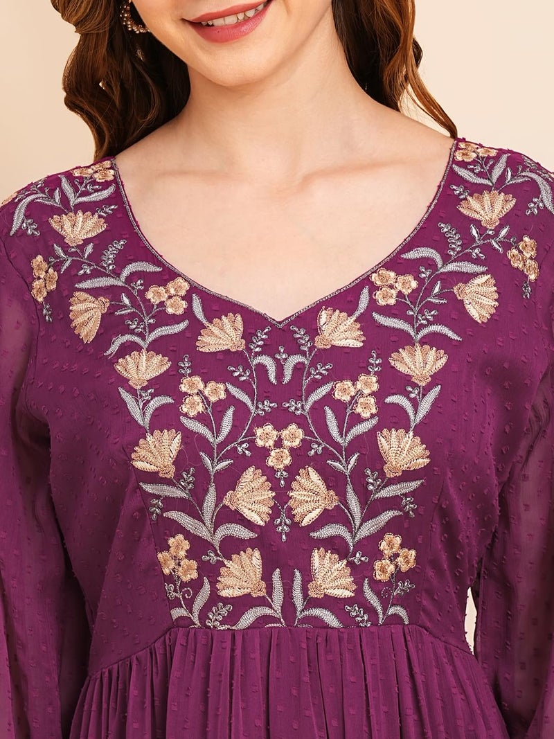 RATAN Women's Floral Embroidered Puff Sleeve Chiffon Flared Tiered Kurta Gown Maxi Dress (BTF-MAG-XL_Magenta) - Image 5