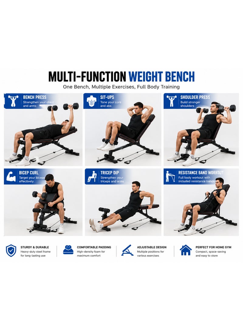 Lifetop Adjustable Multi-Function Weight Bench with Resistance Bands, Sit-Up & Dumbbell Workout Bench - Image 5