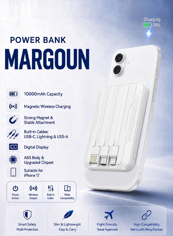 Magnetic Power Bank 10000mAh for iPhone 17 – MagSafe Compatible Portable Wireless Charger with Built-in Cables Type-C, Lightning, USB white