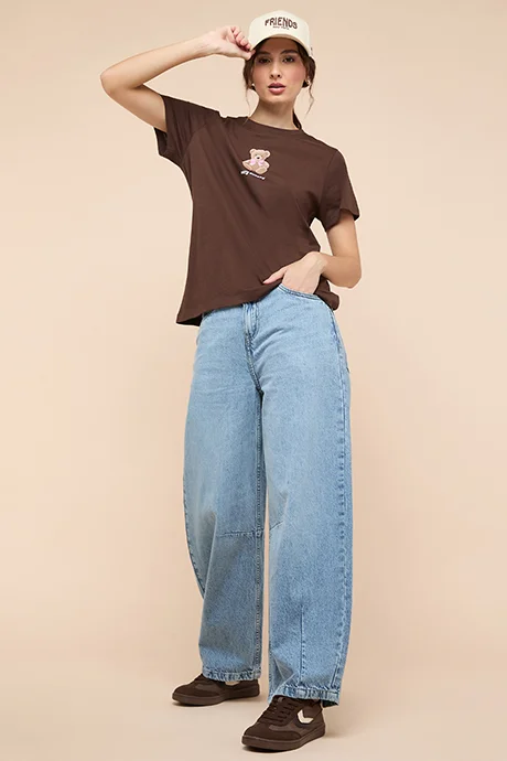 R&B Teddy Print T-Shirt with Crew Neck and Short Sleeves