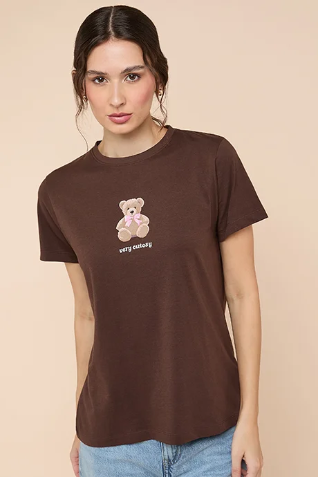 R&B Teddy Print T-Shirt with Crew Neck and Short Sleeves