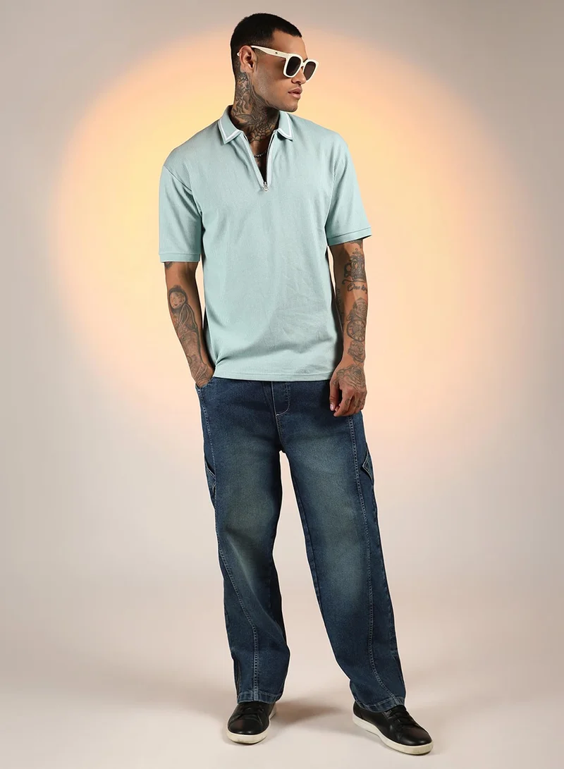 Campus Sutra Men's Mint Green Micro-Waffle Polo T-Shirt