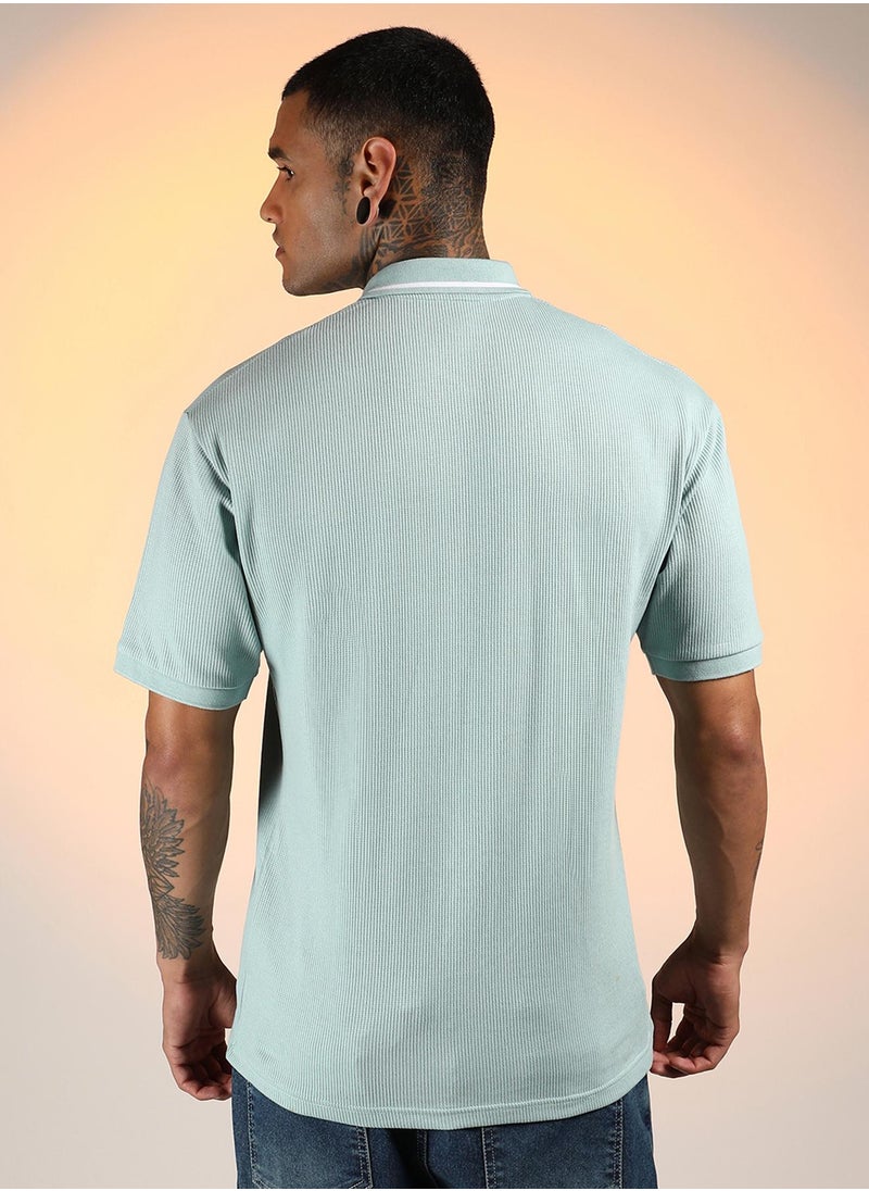 Campus Sutra Men's Mint Green Micro-Waffle Polo T-Shirt  - Image 5