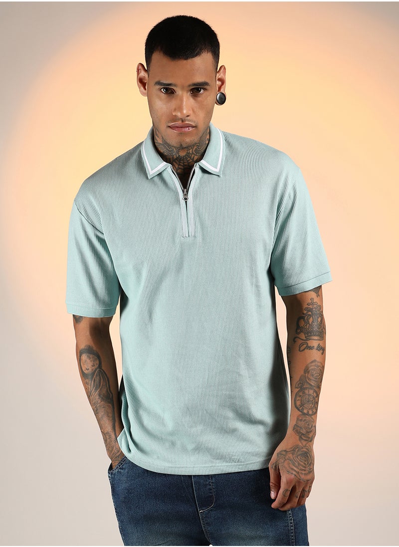 Campus Sutra Men's Mint Green Micro-Waffle Polo T-Shirt  - Image 2