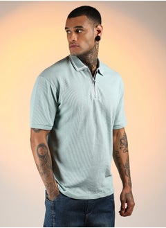 كامبوس سوترا Men's Mint Green Micro-Waffle Polo T-Shirt  - Image 3