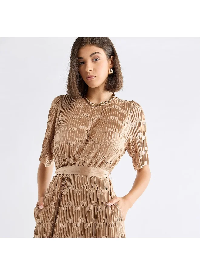 FAV Textured Round Neck Dress with Short Sleeves and Tie-Up Belt