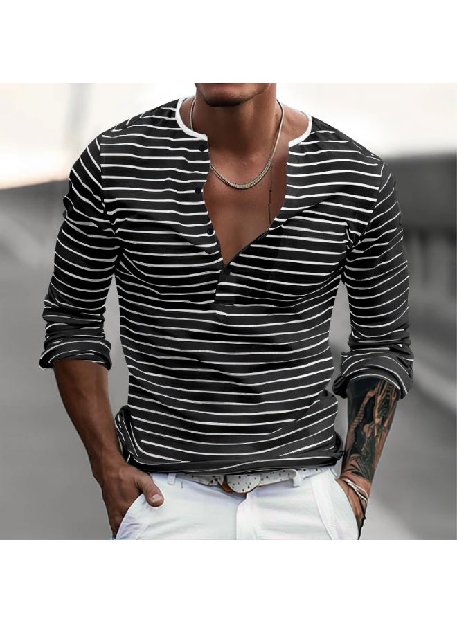 تي شيرت هينري طويل الأكمام للرجال بتصميم أفقي مخطط متعدد الاستخدامات - Image 1