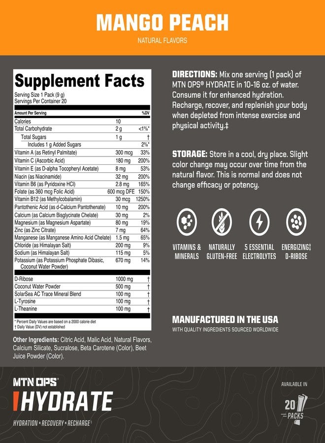 MTN OPS Hydrate Electrolytes Powder Drink Mix, 20 Single Serving On-The-Go Electrolyte Packs with Over 1000mg of Electrolytes per Serving, Mango Peach - Image 3