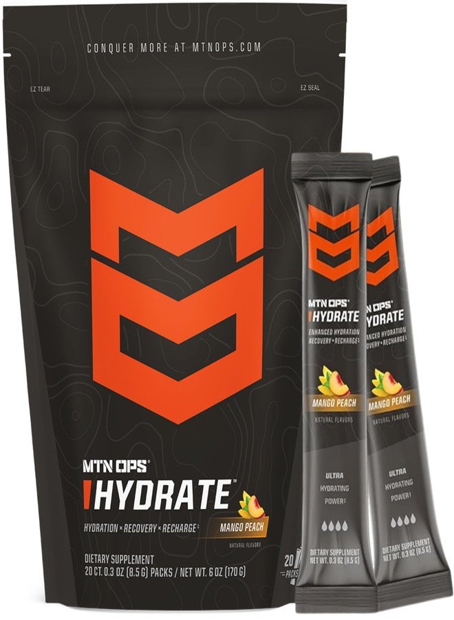 MTN OPS Hydrate Electrolytes Powder Drink Mix, 20 Single Serving On-The-Go Electrolyte Packs with Over 1000mg of Electrolytes per Serving, Mango Peach - Image 1