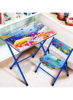 Kids Folding Table and 1 Chair Set Portable Study Desk Cartoon Themed Play Educational Furniture Easy Fold for Storage Ideal for Snacks Art Homework and Learning Nursery Growing with Your Baby Child