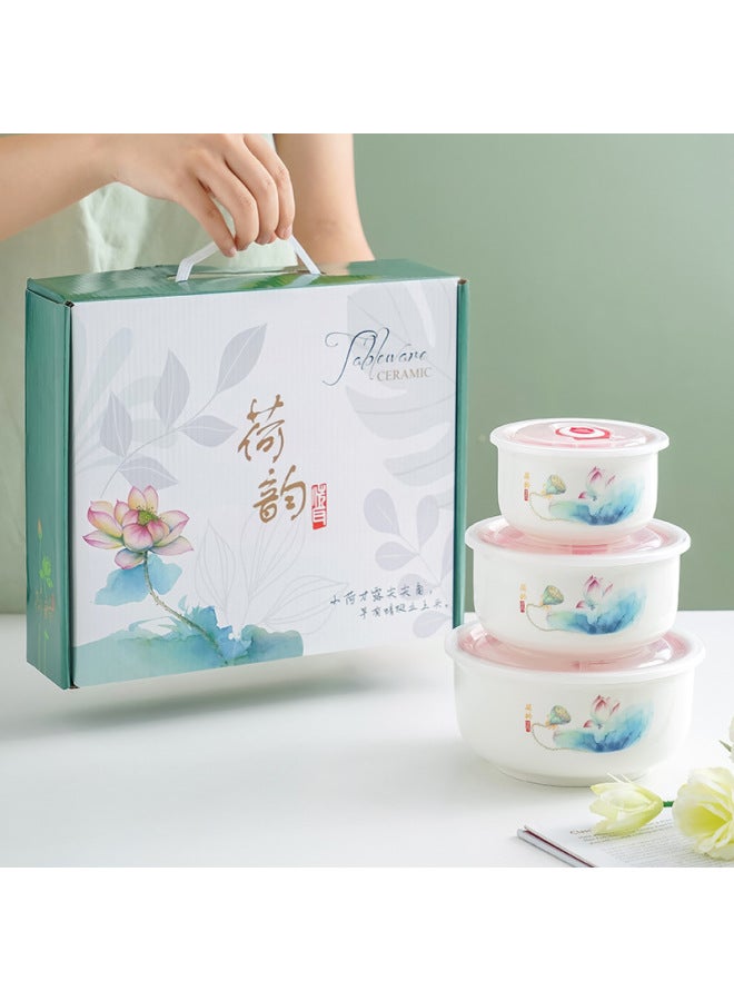 Ceramic Fresh-keeping Bowl Three-piece Vacuum Sealed Microwave Oven Gift Bowl Wedding Gift Will Sell Tableware Printing-Specifications:Lotus Rhyme-Color:2-Piece Gift Box (36 Sets Or 20 Sets Per Box) - Image 1